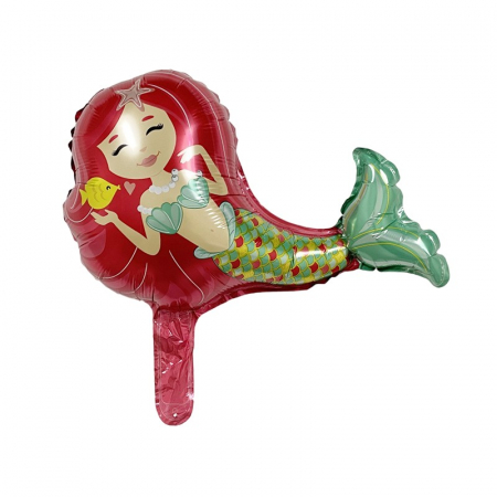 Articole petrecere - Balon din Folie Metalizata, Flippy, Mini Figurine, Model Sirena cu Par Rosu, Tematica Aniversare, 39x37 cm, Ambalaj Individual, Pai Inclus, Umflare cu Aer sau Heliu, Multicolor