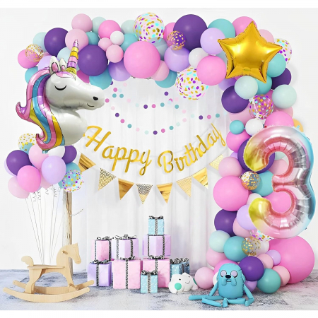 Balon din Folie Metalizata, Flippy, Mini Figurine, Model Unicorn, Tematica Aniversare, 115x76 cm, Ambalaj Individual, Pai Inclus, Umflare cu Aer sau Heliu, Multicolor [3]