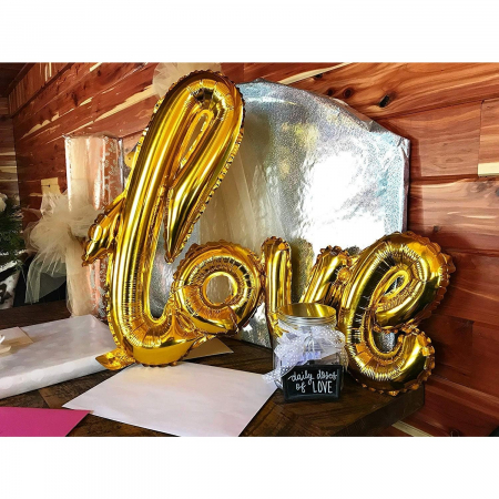 Balon din Folie Metalizata, Flippy, Model Love scris de mana, 102x65 cm, Tematica Ziua Îndrăgostiților, Ambalaj Individual, Pai Inclus, Umflare cu Aer sau Heliu, Auriu [3]