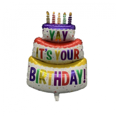 Articole petrecere - Balon din Folie Metalizata, Flippy, Model Tort cu 3 Straturi, Balon Aniversar, Model Birthday Cake, 102x62 cm, Ambalaj Individual, Pai inclus, Umflare cu Aer sau Heliu, Multicolor