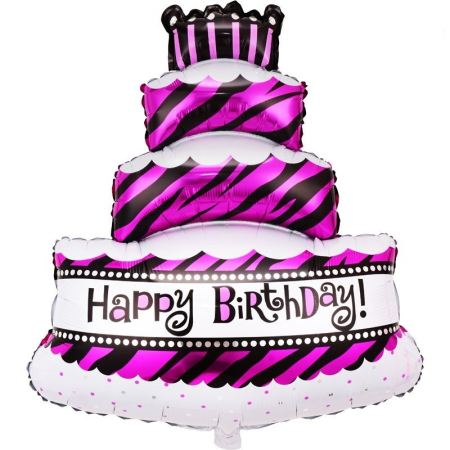 Articole petrecere - Balon din Folie Metalizata, Flippy, Model Tort cu 4 Straturi, Balon Aniversar, Model Happy Birthday, 62x43 cm, Ambalaj Individual, Pai inclus, Umflare cu Aer sau Heliu, Mov