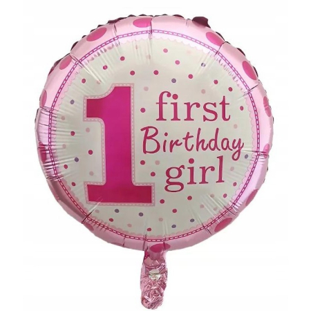Balon din Folie Metalizata, Flippy, Prima Aniversare, Model First Birthday Girl, 45 cm, Ambalaj Individual, Pai Inclus, Umflare cu Aer sau Heliu, Roz [1]