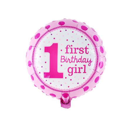 Articole petrecere - Balon din Folie Metalizata, Flippy, Prima Aniversare, Model First Birthday Girl, 45 cm, Ambalaj Individual, Pai Inclus, Umflare cu Aer sau Heliu, Roz
