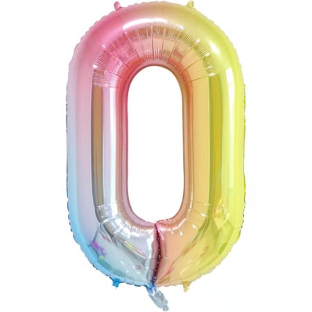 Cifre - Balon din Folie Metalizata Gradient Flippy, Figurina Cifra, Tema Aniversare 100 cm, Ambalaj Individual, Pai inclus, Umflare cu Aer sau Heliu, Multicolor, Cifra 0