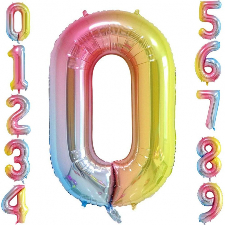 Balon din Folie Metalizata Gradient Flippy, Figurina Cifra, Tema Aniversare 100 cm, Ambalaj Individual, Pai inclus, Umflare cu Aer sau Heliu, Multicolor, Cifra 0 [7]