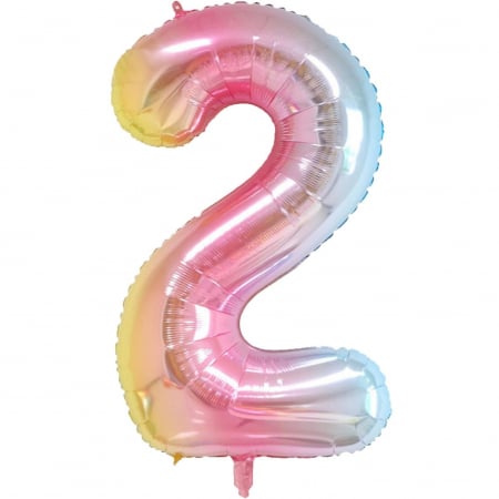 Cifre - Balon din Folie Metalizata Gradient Flippy, Figurina Cifra, Tema Aniversare 100 cm, Ambalaj Individual, Pai inclus, Umflare cu Aer sau Heliu, Multicolor, Cifra 2
