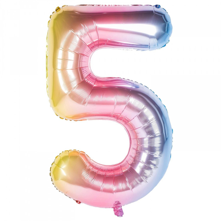 Cifre - Balon din Folie Metalizata Gradient Flippy, Figurina Cifra, Tema Aniversare 100 cm, Ambalaj Individual, Pai inclus, Umflare cu Aer sau Heliu, Multicolor, Cifra 5