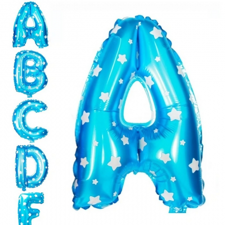 Balon Folie Metalizata Litera A, Flippy, 40 cm, Cu Imprimeu Stelute, Umflati cu Heliu sau Aer, Ambalaj Individual, Pai inclus, Albastru [2]