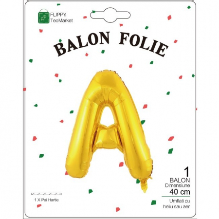 Balon Folie Metalizata Litera A, Flippy, 40 cm, Umflati cu Heliu sau Aer, Ambalaj Individual, Pai inclus, Auriu [1]