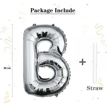 Balon Folie Metalizata Litera B, Flippy, 40 cm, Umflati cu Heliu sau Aer, Ambalaj Individual, Pai inclus, Argintiu [2]