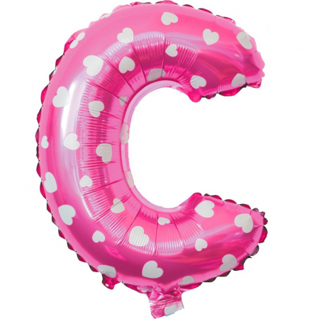 Articole petrecere - Balon Folie Metalizata Litera C, Flippy, 40 cm, Cu Imprimeu Inimioare, Umflati cu Heliu sau Aer, Ambalaj Individual, Pai inclus, Roz