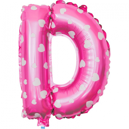 Balon Folie Metalizata Litera D, Flippy, 40 cm, Cu Imprimeu Inimioare, Umflati cu Heliu sau Aer, Ambalaj Individual, Pai inclus, Roz [2]