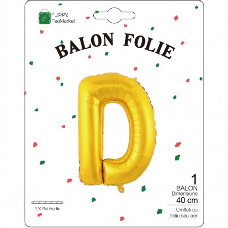 Balon Folie Metalizata Litera D, Flippy, 40 cm, Umflati cu Heliu sau Aer, Ambalaj Individual, Pai inclus, Auriu [1]