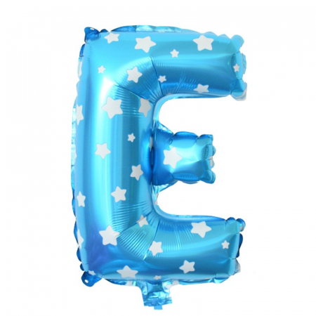 Articole petrecere - Balon Folie Metalizata Litera E, Flippy, 40 cm, Cu Imprimeu Stelute, Umflati cu Heliu sau Aer, Ambalaj Individual, Pai inclus, Albastru