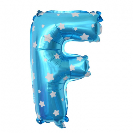 Articole petrecere - Balon Folie Metalizata Litera F, Flippy, 40 cm, Cu Imprimeu Stelute, Umflati cu Heliu sau Aer, Ambalaj Individual, Pai inclus, Albastru