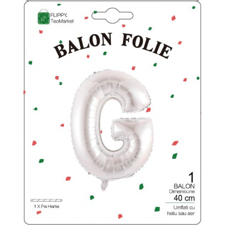 Balon Folie Metalizata Litera G, Flippy, 40 cm, Umflati cu Heliu sau Aer, Ambalaj Individual, Pai inclus, Argintiu [1]