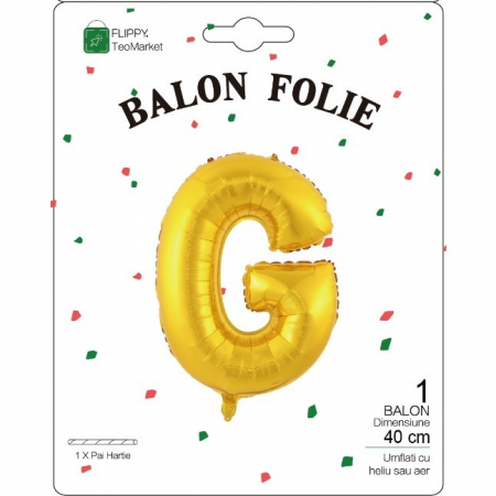 Balon Folie Metalizata Litera G, Flippy, 40 cm, Umflati cu Heliu sau Aer, Ambalaj Individual, Pai inclus, Auriu [1]