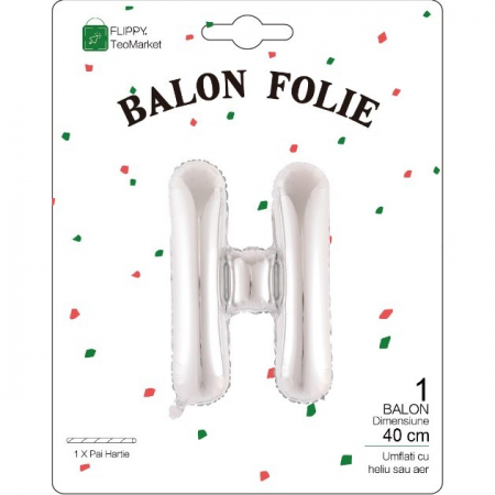 Balon Folie Metalizata Litera H, Flippy, 40 cm, Umflati cu Heliu sau Aer, Ambalaj Individual, Pai inclus, Argintiu [1]
