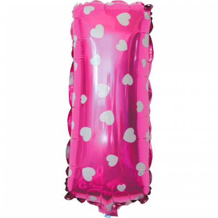 Articole petrecere - Balon Folie Metalizata Litera I, Flippy, 40 cm, Cu Imprimeu Inimioare, Umflati cu Heliu sau Aer, Ambalaj Individual, Pai inclus, Roz