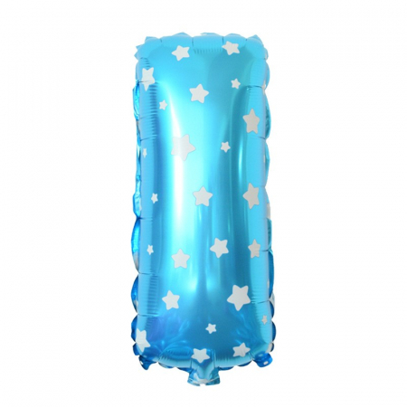 Articole petrecere - Balon Folie Metalizata Litera I, Flippy, 40 cm, Cu Imprimeu Stelute, Umflati cu Heliu sau Aer, Ambalaj Individual, Pai inclus, Albastru