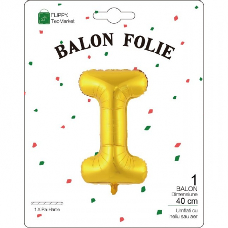 Balon Folie Metalizata Litera I, Flippy, 40 cm, Umflati cu Heliu sau Aer, Ambalaj Individual, Pai inclus, Auriu [1]