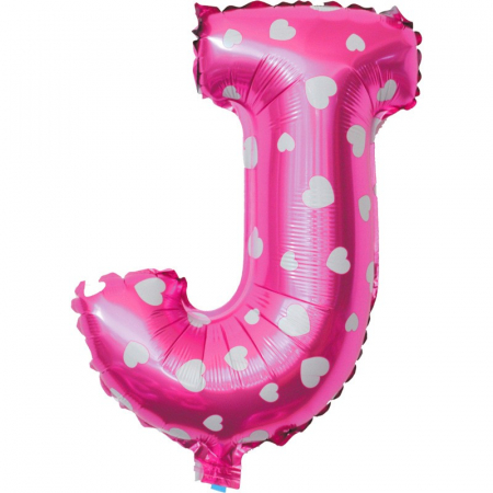 Articole petrecere - Balon Folie Metalizata Litera J, Flippy, 40 cm, Cu Imprimeu Inimioare, Umflati cu Heliu sau Aer, Ambalaj Individual, Pai inclus, Roz