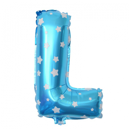 Articole petrecere - Balon Folie Metalizata Litera L, Flippy, 40 cm, Cu Imprimeu Stelute, Umflati cu Heliu sau Aer, Ambalaj Individual, Pai inclus, Albastru