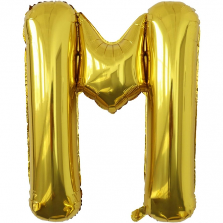 Litere - Balon Folie Metalizata Litera M, Flippy, 40 cm, Umflati cu Heliu sau Aer, Ambalaj Individual, Pai inclus, Auriu
