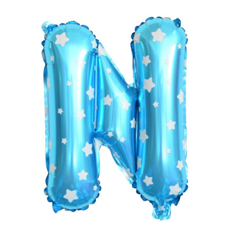 Articole petrecere - Balon Folie Metalizata Litera N, Flippy, 40 cm, Cu Imprimeu Stelute, Umflati cu Heliu sau Aer, Ambalaj Individual, Pai inclus, Albastru