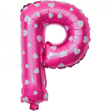 Balon Folie Metalizata Litera P, Flippy, 40 cm, Cu Imprimeu Inimioare, Umflati cu Heliu sau Aer, Ambalaj Individual, Pai inclus, Roz [2]