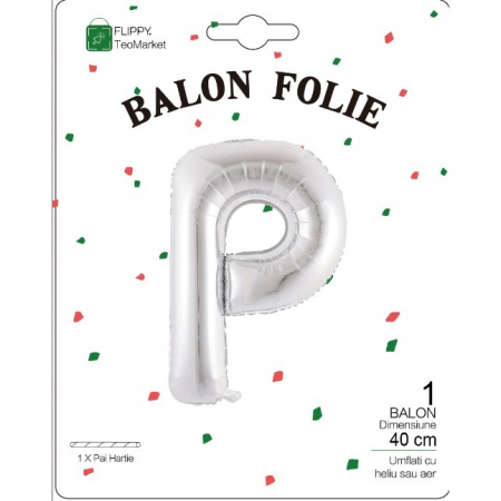 Balon Folie Metalizata Litera P, Flippy, 40 cm, Umflati cu Heliu sau Aer, Ambalaj Individual, Pai inclus, Argintiu [1]