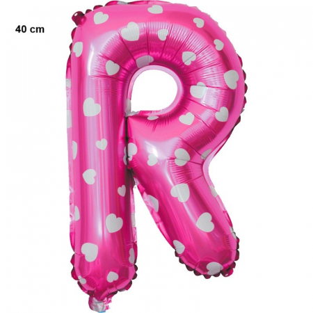 Balon Folie Metalizata Litera R, Flippy, 40 cm, Cu Imprimeu Inimioare, Umflati cu Heliu sau Aer, Ambalaj Individual, Pai inclus, Roz [1]