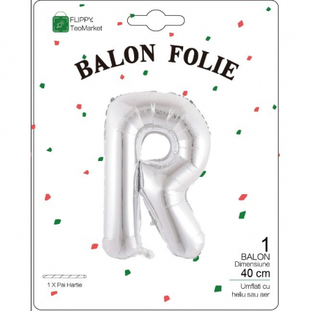 Balon Folie Metalizata Litera R, Flippy, 40 cm, Umflati cu Heliu sau Aer, Ambalaj Individual, Pai inclus, Argintiu [1]