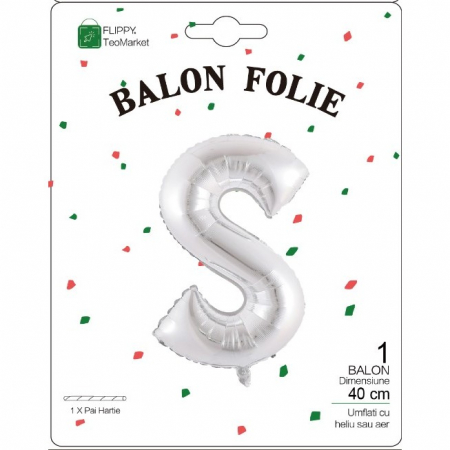 Balon Folie Metalizata Litera S, Flippy, 40 cm, Umflati cu Heliu sau Aer, Ambalaj Individual, Pai inclus, Argintiu [1]