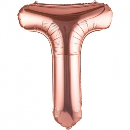 Articole petrecere - Balon Folie Metalizata Litera T, Flippy, 100 cm, Umflati cu Heliu sau Aer, Ambalaj Individual, Pai inclus, Rose Gold