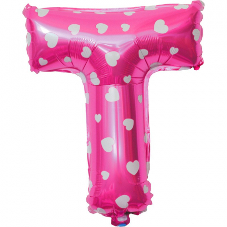 Articole petrecere - Balon Folie Metalizata Litera T, Flippy, 40 cm, Cu Imprimeu Inimioare, Umflati cu Heliu sau Aer, Ambalaj Individual, Pai inclus, Roz