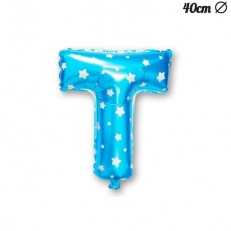 Balon Folie Metalizata Litera T, Flippy, 40 cm, Cu Imprimeu Stelute, Umflati cu Heliu sau Aer, Ambalaj Individual, Pai inclus, Albastru [3]