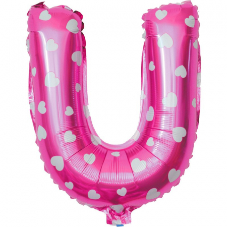 Articole petrecere - Balon Folie Metalizata Litera U, Flippy, 40 cm, Cu Imprimeu Inimioare, Umflati cu Heliu sau Aer, Ambalaj Individual, Pai inclus, Roz