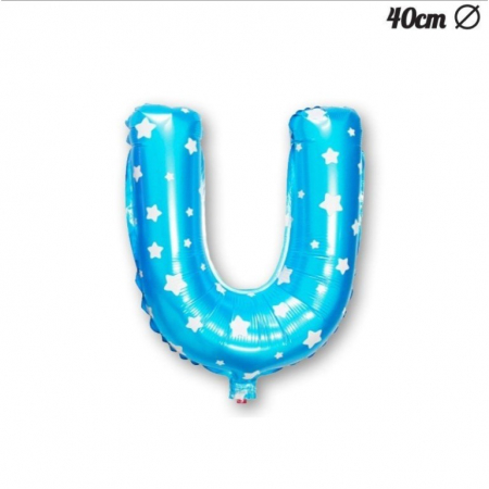 Balon Folie Metalizata Litera U, Flippy, 40 cm, Cu Imprimeu Stelute, Umflati cu Heliu sau Aer, Ambalaj Individual, Pai inclus, Albastru [3]