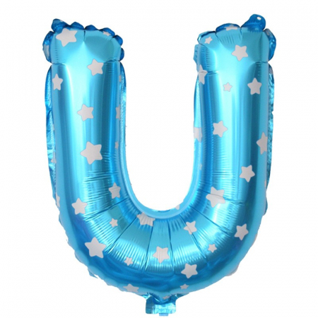 Articole petrecere - Balon Folie Metalizata Litera U, Flippy, 40 cm, Cu Imprimeu Stelute, Umflati cu Heliu sau Aer, Ambalaj Individual, Pai inclus, Albastru