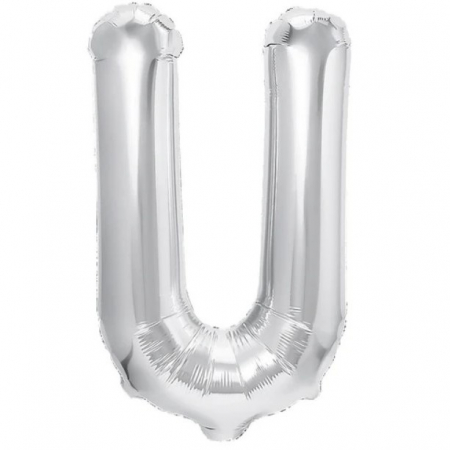 Articole petrecere - Balon Folie Metalizata Litera U, Flippy, 40 cm, Umflati cu Heliu sau Aer, Ambalaj Individual, Pai inclus, Argintiu