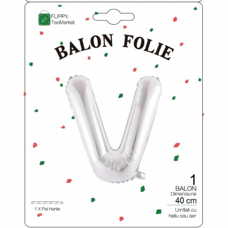 Balon Folie Metalizata Litera V, Flippy, 40 cm, Umflati cu Heliu sau Aer, Ambalaj Individual, Pai inclus, Argintiu [1]