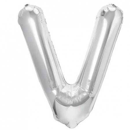 Articole petrecere - Balon Folie Metalizata Litera V, Flippy, 80 cm, Umflati cu Heliu sau Aer, Ambalaj Individual, Pai inclus, Argintiu