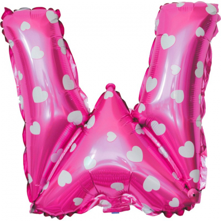 Articole petrecere - Balon Folie Metalizata Litera W, Flippy, 40 cm, Cu Imprimeu Inimioare, Umflati cu Heliu sau Aer, Ambalaj Individual, Pai inclus, Roz