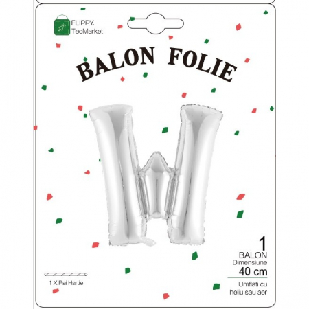 Balon Folie Metalizata Litera W, Flippy, 40 cm, Umflati cu Heliu sau Aer, Ambalaj Individual, Pai inclus, Argintiu [1]