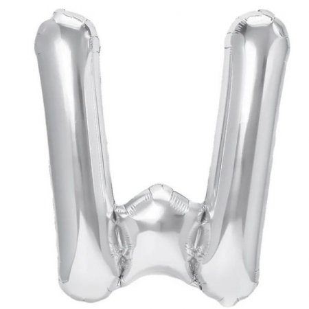 Articole petrecere - Balon Folie Metalizata Litera W, Flippy, 80 cm, Umflati cu Heliu sau Aer, Ambalaj Individual, Pai inclus, Argintiu