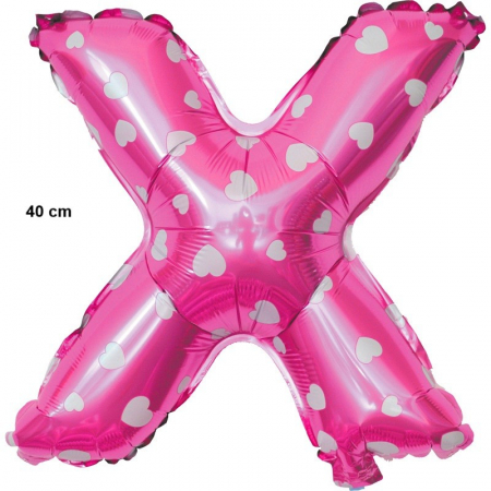 Balon Folie Metalizata Litera X, Flippy, 40 cm, Cu Imprimeu Inimioare, Umflati cu Heliu sau Aer, Ambalaj Individual, Pai inclus, Roz [1]