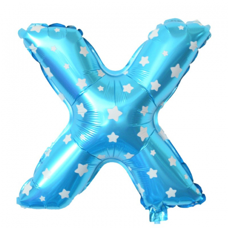 Articole petrecere - Balon Folie Metalizata Litera X, Flippy, 40 cm, Cu Imprimeu Stelute, Umflati cu Heliu sau Aer, Ambalaj Individual, Pai inclus, Albastru