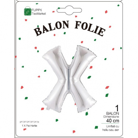 Balon Folie Metalizata Litera X, Flippy, 40 cm, Umflati cu Heliu sau Aer, Ambalaj Individual, Pai inclus, Argintiu [1]