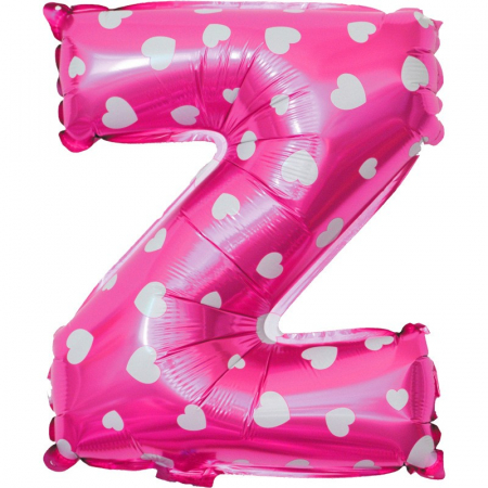 Balon Folie Metalizata Litera Z, Flippy, 40 cm, Cu Imprimeu Inimioare, Umflati cu Heliu sau Aer, Ambalaj Individual, Pai inclus, Roz [2]